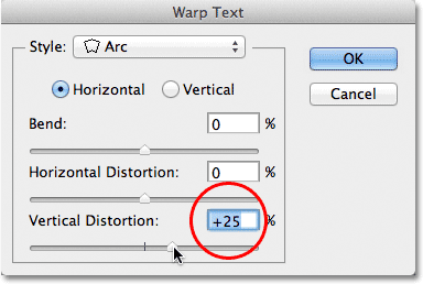Increasing the Vertical Distortion option to 25% in the Warp Text dialog box. Image © 2011 Photoshop Essentials.com