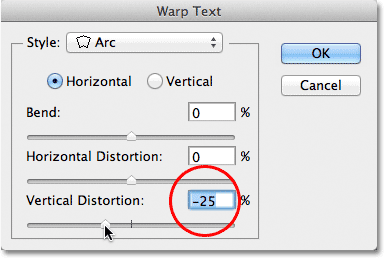Lowering the Vertical Distortion option to -25% in the Warp Text dialog box. Image © 2011 Photoshop Essentials.com