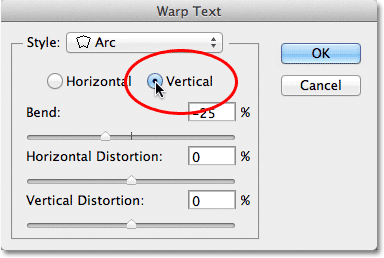 Selecting the Vertical option in the Warp Text dialog box. Image © 2011 Photoshop Essentials.com