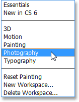 Choosing the Photography workspace in Photoshop CS6. Image © 2013 Steve Patterson, Photoshop Essentials.com
