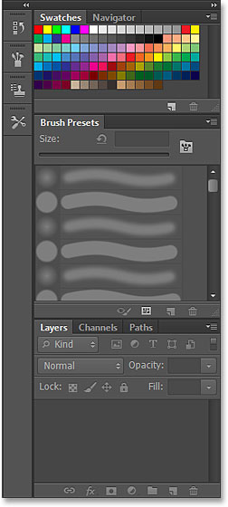 The main panels in the Painting workspace in Photoshop CS6. Image © 2013 Steve Patterson, Photoshop Essentials.com