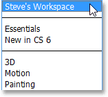 The custom workspace is now included in the workspace selection menu. Image © 2013 Steve Patterson, Photoshop Essentials.com