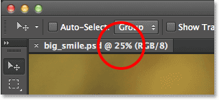 The document tab displaying the current zoom level of the image. Image © 2014 Steve Patterson, Photoshop Essentials.com