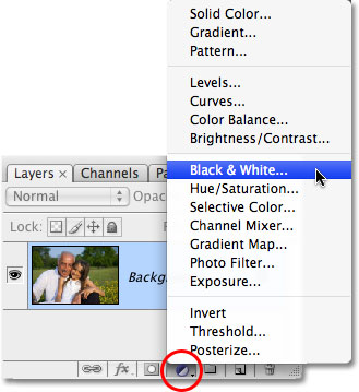 Selecting the Black & White adjustment layer in Photoshop CS3. Image © 2009 Photoshop Essentials.com.