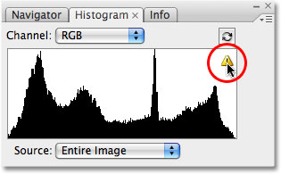 Click on the warning icon to update the histogram. Image © 2009 Photoshop Essentials.com.