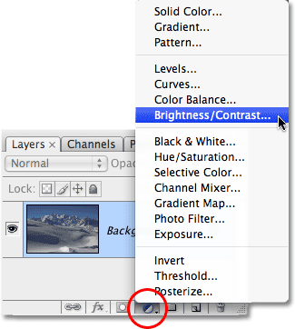 Selecting a Brightness/Contrast adjustment layer in Photoshop. Image © 2009 Photoshop Essentials.com