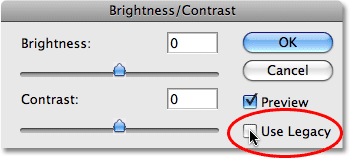Unchecking the 'Use Legacy' option in the Brightness/Contrast dialog box in Photoshop CS3. Image © 2009 Photoshop Essentials.com.
