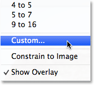 Choosing the Custom aspect ratio option for the Crop Tool. Image © 2013 Steve Patterson, Photoshop Essentials.com