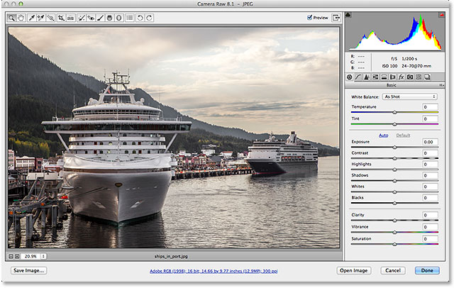 The image is now cropped and straightened in Camera Raw. Image © 2013 Steve Patterson, Photoshop Essentials.com