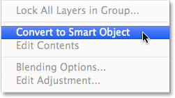 Choosing 'Convert to Smart Object' from the Layers panel menu. Image © 2014 Photoshop Essentials.com