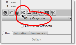 Clicking the HSL / Grayscale tab to open the panel in the Camera Raw filter. Image © 2014 Photoshop Essentials.com