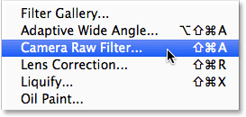 Selecting the Camera Raw Filter from the Filter menu in Photoshop CC. Image © 2014 Photoshop Essentials.com