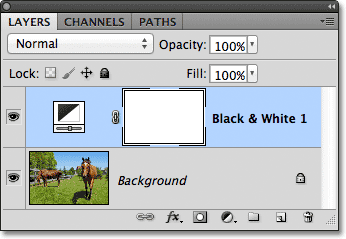 The Layers panel showing the new Black & White adjustment layer. Image © 2012 Photoshop Essentials.com