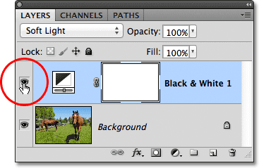 Clicking the layer visibility icon for the Black & White adjustment layer. Image © 2012 Photoshop Essentials.com