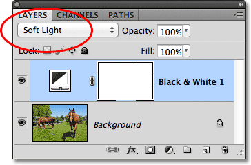 Changing the blend mode of the Black & White adjustment layer to Soft Light. Image © 2012 Photoshop Essentials.com