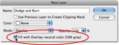 Selecting the 'Fill with Overlay-neutral color (50% gray)' option. Image © 2008 Photoshop Essentials.com.