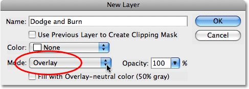 Setting the blend mode of the new layer to Overlay. Image © 2008 Photoshop Essentials.com.