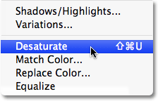 Choosing the Desaturate command in Photoshop. Image © 2009 Photoshop Essentials.com