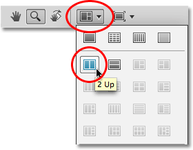 The Arrange Documents option in the Application Bar in Photoshop CS4. Image © 2009 Photoshop Essentials.com