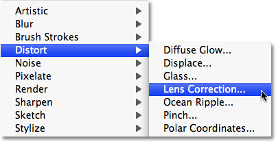 Selecting the Lens Correction filter from the Filter menu in Photoshop. Image © 2009 Photoshop Essentials.com.