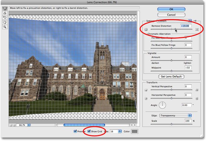 The Remove Distortion slider in the Lens Correction dialog box in Photoshop CS4. Image © 2009 Photoshop Essentials.com.