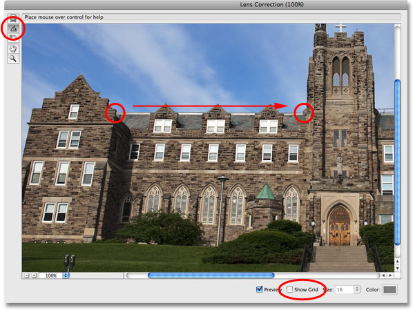 Straightening the image in the Lens Correction dialog box in Photoshop. Image © 2009 Photoshop Essentials.com.