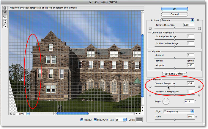 Adjusting the Vertical Perspective slider in the Lens Correction dialog box. Image © 2009 Photoshop Essentials.com