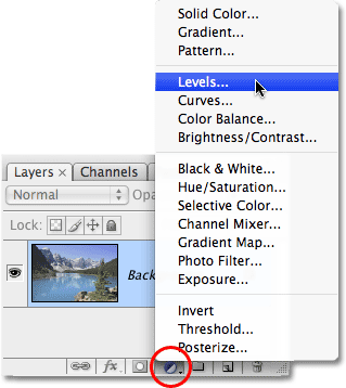 Selecting a Levels adjustment layer in Photoshop. Image © 2009 Photoshop Essentials.com