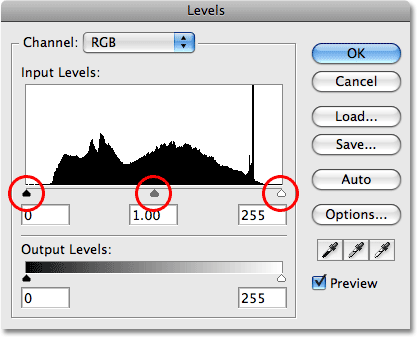 The white point, black point and midtone sliders in the Levels dialog box in Photoshop. Image © 2009 Photoshop Essentials.com