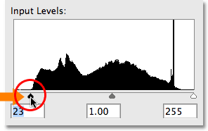 Setting a new black point by dragging the black point slider to the left edge of the histogram. Image © 2009 Photoshop Essentials.com