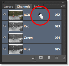 Switching to the Channels panel in Photoshop CS6. Image © 2013 Steve Patterson, Photoshop Essentials.com.