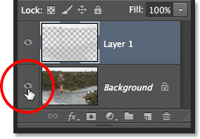 Clicking the layer visibility icon for the Background layer. Image © 2013 Steve Patterson, Photoshop Essentials.com.