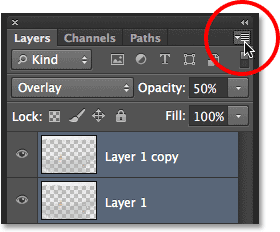 Clicking the Layers panel menu icon. Image © 2013 Steve Patterson, Photoshop Essentials.com.