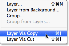 Selecting the New Layer via Copy command in Photoshop CS6. Image © 2013 Steve Patterson, Photoshop Essentials.com.