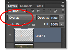 Setting the layer to the Overlay blend mode. Image © 2013 Steve Patterson, Photoshop Essentials.com.