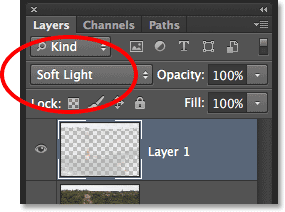 Setting the layer to the Soft Light blend mode. Image © 2013 Steve Patterson, Photoshop Essentials.com.
