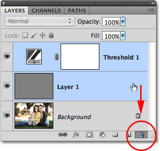 Dragging the top two layers onto the Trash Bin in the Layers panel. Image © 2010 Photoshop Essentials.com