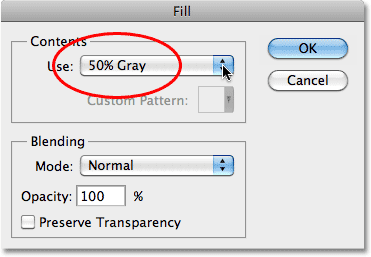 Setting the Use option to 50% Gray in the Fill dialog box in Photoshop. Image © 2010 Photoshop Essentials.com