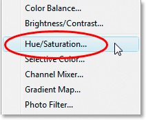 Selecting 'Hue/Saturation' from the list of Adjustment Layers.