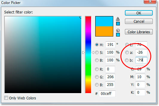Inverting the orange color using the Lab color options in the Color Picker.