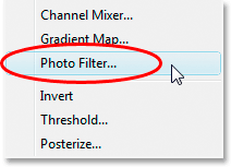 Selecting 'Photo Filter' from the list of Adjustment Layers.