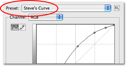 Selecting the new custom curve from the Presets list in Photoshop CS3. Image © 2009 Photoshop Essentials.com
