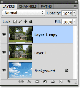 A copy of Layer 1 appears above the original in the Layers panel. Image © 2012 Photoshop Essentials.com