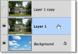 Selecting Layer 1 in the Layers panel. Image © 2012 Photoshop Essentials.com