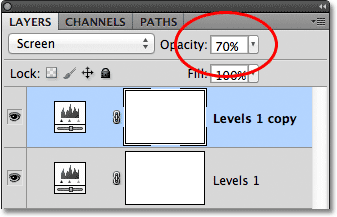The layer opacity option in the Layers panel in Photoshop. Image © 2011 Photoshop Essentials.com