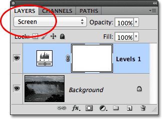 Changing the blend mode of the Levels adjustment layer to Screen. Image © 2011 Photoshop Essentials.com