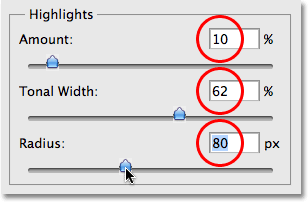 Adjusting the Highlights options in the Shadow/Highlight dialog box in Photoshop. Image © 2009 Photoshop Essentials.com