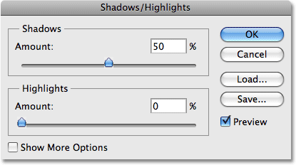 The Shadow/Highlight dialog box in Photoshop CS4. Image © 2009 Photoshop Essentials.com