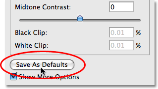 The Save As Defaults option in the Shadow/Highlight dialog box. Image © 2009 Photoshop Essentials.com