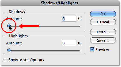 Lowering the Shadows amount to 0% in the Shadow/Highlight dialog box. Image © 2009 Photoshop Essentials.com